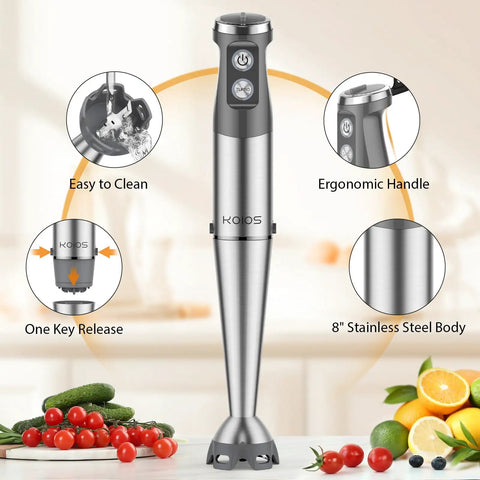 Powerful 1000W Immersion Hand Blender 3-in-1 Pro-Grade Stick With Turbo Mode, 12-Speed Stainless Steel Blades, shown in a kitchen.