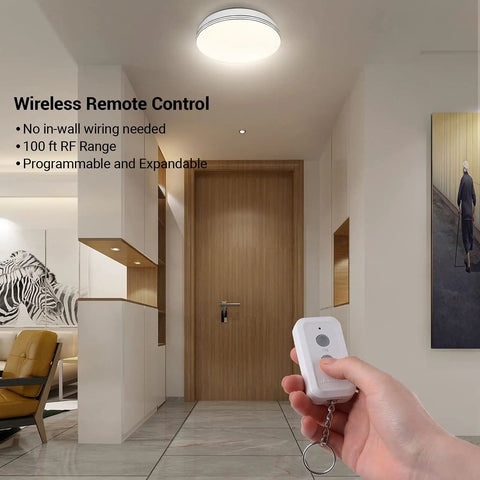 Person using Plug-and-Play Wireless Light Switch And Receiver Kit No In-Wall Wiring Required Remote Control For Ceiling Lights.