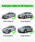 Tesla Model S, Model X, Model 3, and Model Y cars showcasing compatibility with Heavy Duty 16.4 Ft 50A 240V Tesla Charger Extension Cable.
