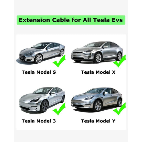 Tesla Model S, Model X, Model 3, and Model Y cars showcasing compatibility with Heavy Duty 16.4 Ft 50A 240V Tesla Charger Extension Cable.