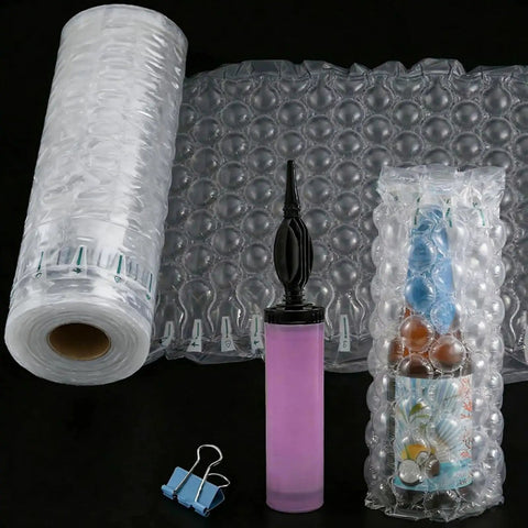 Bubble Cushioning Wrap For Packing 11.8x164 Ft With Pump, showing roll, pump, and air pillows for moving and shipping.