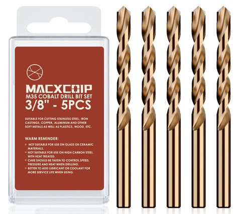Image of Three Eighths Inch Cobalt Drill Bit Set Five Pack M35 High Speed Steel Jobber Length For Hardened Metal Stainless Steel Cast Iron Wood And Plastic With Handy Index Storage Case