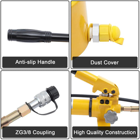 Features of Straight Up Heavy Duty 30 Ton Hydraulic Jack Porta Power Ram Kit including anti-slip handle and dust cover.