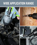 Impact Universal Joint Socket Set in use with drill on car, wood, and metal, demonstrating versatility and 360-degree rotation.