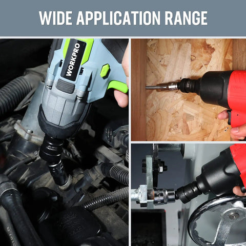 Impact Universal Joint Socket Set in use with drill on car, wood, and metal, demonstrating versatility and 360-degree rotation.