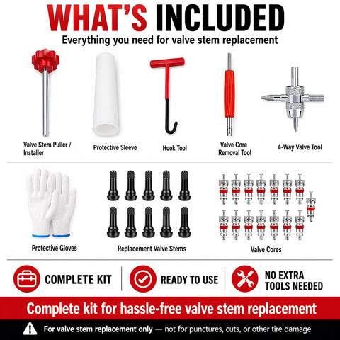 Image showing all components of the 31Pcs Quick Change Tire Valve Core Tool Kit No Tire Removal Needed Replacement Fast And Easy.
