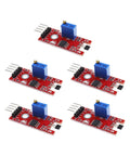 KY 024 Linear Magnetic Hall Effect Sensor Module with adjustable sensitivity potentiometer, analog and digital outputs, shown in pack of five.
