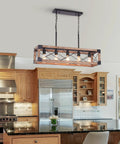 Rustic Farmhouse Wood Chandelier With Five Lights Rectangle Hanging Light Fixture For Dining Room And Kitchen Island Industrial Black Metal Accents