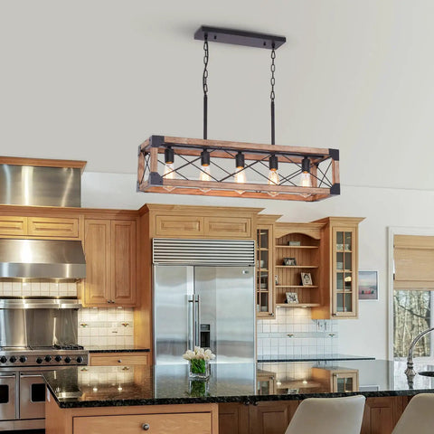 Rustic Farmhouse Wood Chandelier With Five Lights Rectangle Hanging Light Fixture For Dining Room And Kitchen Island Industrial Black Metal Accents