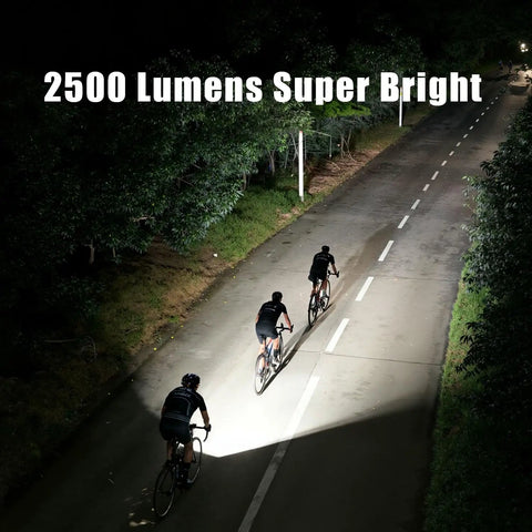 Cyclists riding at night using Beefed Up 2500LM Bike Light For Night Riding With Garmin And GoPro Mounts, illuminating path.