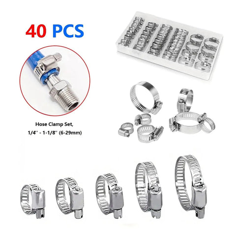 Awesome 40pc Stainless Steel Worm Gear Hose Clamps Assortment Kit Ranging From 1/4 Inch To 1 1/8 Inch For Tough Plumbing And Intercooler Tubing Jobs. 40-piece stainless steel hose clamp set in tray, 1/4 to 1-1/8 inch