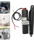 12V heavy-duty hydraulic linear actuator in black with mounting lug and wiring
