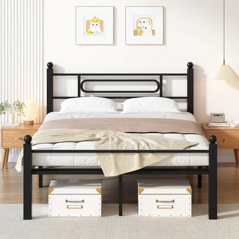 Top Shelf Black Metal Full Bed Frame With Headboard And Steel Slat Base Built Like A Tank For Solid Stability Plus Deep Under Bed Storage, view from front.
