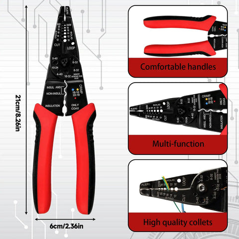 All In One Wire Stripping And Crimping Tool For Cables, Cutting And Wiring with red comfortable handles
