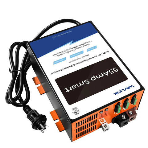 Rock Solid 55 Amp RV Power Converter And Battery Charger 120V AC To 12V DC plug-in unit with accessible connectors for trailers.