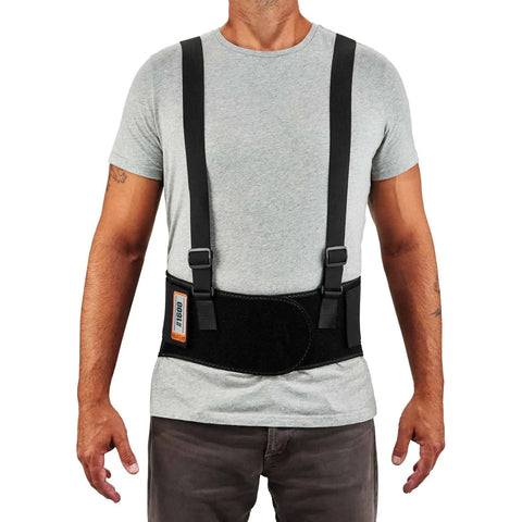 Man wearing ProFlex 1600 Back Support Brace 9 Inch Extra Firm Support With High Cut Front For Mobility XL Black Adjustable Suspenders