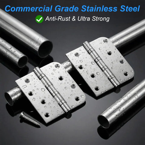 Heavy Duty Ball Bearing Door Hinges Set, 4x4 Inch Square, 304 Stainless Steel Brushed Finish, with water droplets and screws.
