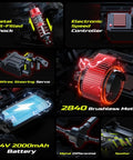Components of 1/14 Scale Fast Brushless RC Car For Adults with 43 MPH Top Speed, highlighting motor, battery, and suspension parts.