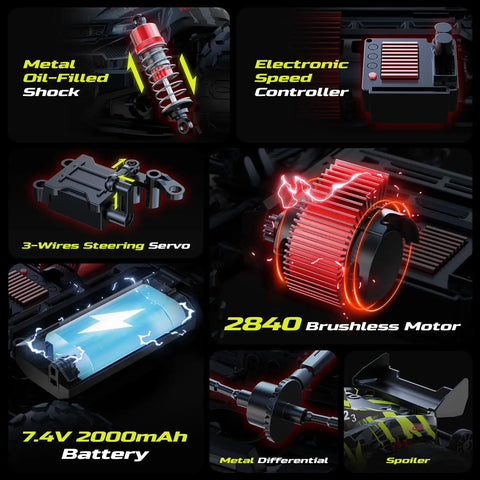Components of 1/14 Scale Fast Brushless RC Car For Adults with 43 MPH Top Speed, highlighting motor, battery, and suspension parts.