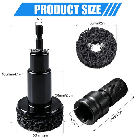 Wheel Hub Cleaning Tool And Resurfacing Kit With 7 Pads product size and specifications, including adapters and pads shown.