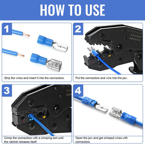 Qibaok 1500pc insulated copper wire terminal kit with blue connectors; close-ups of stripping and crimping.