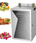 Heavy Duty Commercial Food Dehydrator Featuring 18 Slick Stainless Steel Trays Plus Adjustable 24 Hour Timer with dried fruits and veggies.