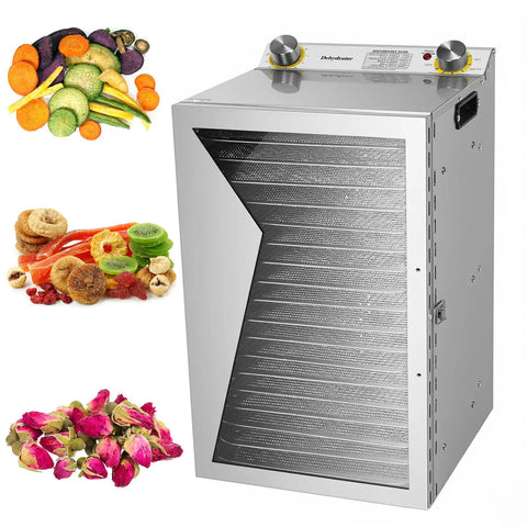 Heavy Duty Commercial Food Dehydrator Featuring 18 Slick Stainless Steel Trays Plus Adjustable 24 Hour Timer with dried fruits and veggies.