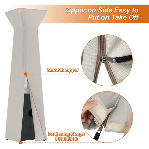 Pyramid Patio Heater Cover for Hiland Propane Heater, Light Khaki, with Zipper, 21W x 21D x 90H, 600D ripstop polyester, close-up zipper and strap