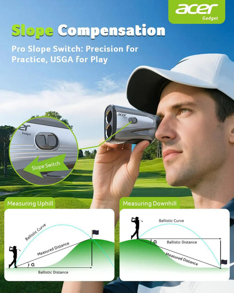 Man using Golf Rangefinder With Slope, 1200-Yard Laser Range Finder, 6x Magnification, diagram of slope compensation feature visible