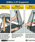 Installation steps for Lexus RX 350 RX 450h Liftgate Struts 2010-2015 with Power Gate, showing removal, snap-on, verify secure.