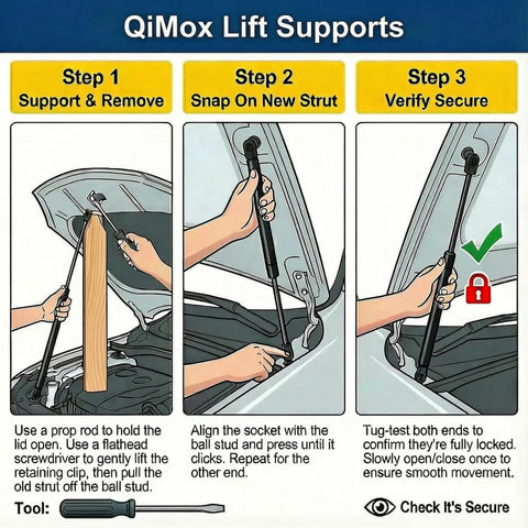 Installation guide for QiMox lift supports; step-by-step instructions for replacing front hood struts lift supports shocks on Lexus RX.