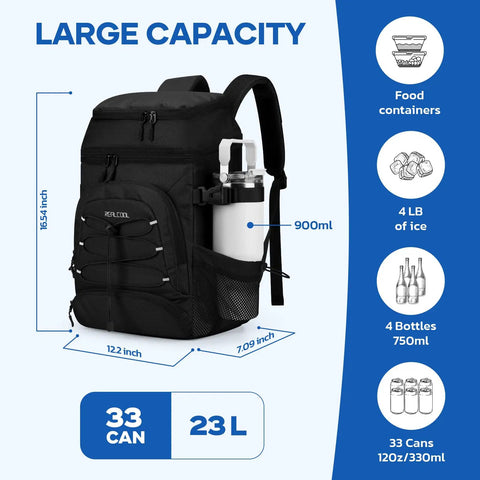 Image of a Leakproof Insulated Backpack Cooler For 33 Cans Soft Cooler Bag With Lightweight Comfort Perfect For Camping Beach Tailgate Lunch And Day Trips 23L Black, showcasing large capacity, side and front pockets, and measurements.