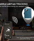 Image showing AirTag tracking feature of the Passport Holder With AirTag Slot And RFID Blocking Leather Wallet For Travel, Durable Blue Leather Case.