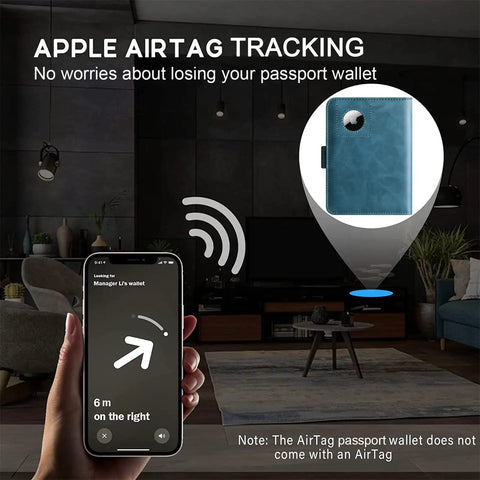 Image showing AirTag tracking feature of the Passport Holder With AirTag Slot And RFID Blocking Leather Wallet For Travel, Durable Blue Leather Case.