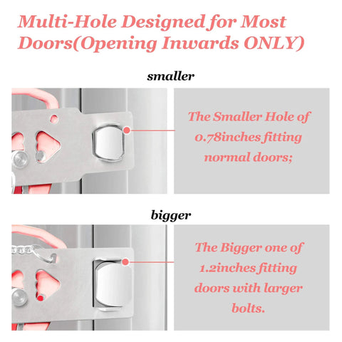 Portable Door Lock For Home And Travel Security And Privacy Lock That Keeps Doors From Opening From Outside Pink 1 Pack showing multi-hole design for different door sizes.