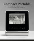 Portable Compact Countertop Dishwasher With Built In Five Liter Water Tank Plug And Play Quick Cycles Renters Approved For Tiny Apartments Rv Camper Dorm Spaces Cleans Plates Glasses And Baby Bottles No Sweat, showing dishes and glasses inside.