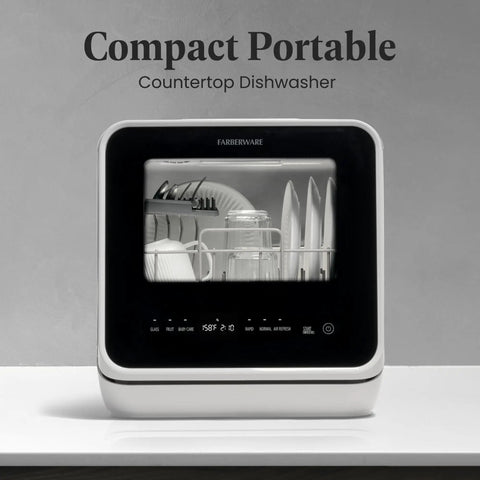 Portable Compact Countertop Dishwasher With Built In Five Liter Water Tank Plug And Play Quick Cycles Renters Approved For Tiny Apartments Rv Camper Dorm Spaces Cleans Plates Glasses And Baby Bottles No Sweat, showing dishes and glasses inside.