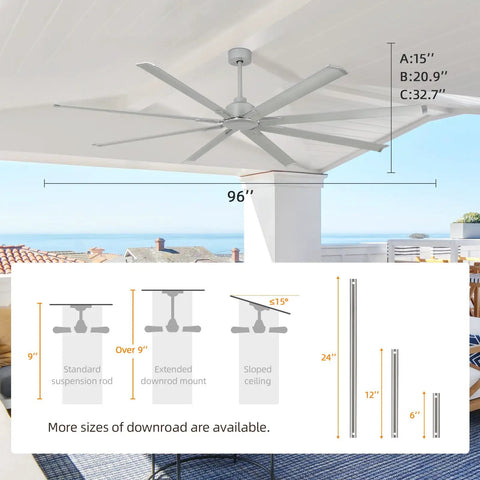 96 Inch Large Industrial Ceiling Fan With DC Motor And Remote Control for Covered Outdoor Patio with Extensions