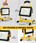 LED Work Light Dual Battery Compatible With DeWalt 20V And Milwaukee 18V Batteries showing size and rotation features