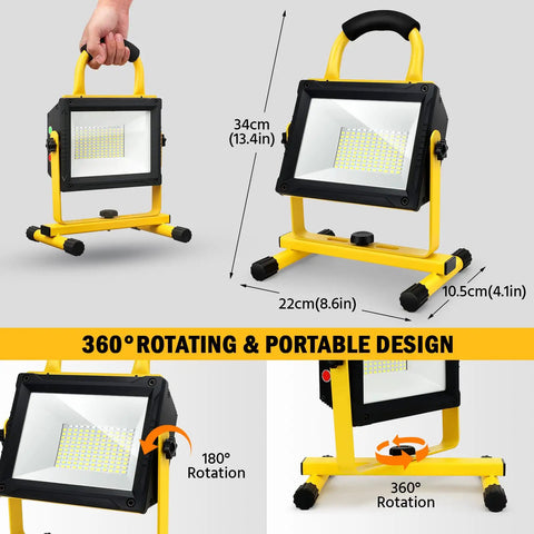 LED Work Light Dual Battery Compatible With DeWalt 20V And Milwaukee 18V Batteries showing size and rotation features