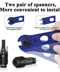 Two spanners from the Solar Panel Connector Kit With 42 Piece Set Including 10 Pairs Male And Female Connectors, 10 Pairs Connector Pins, And 2 Spanners For PV Cables 2.5mm2 To 6mm2, AWG 14 To 10, Easy Hookup For Off Grid Solar, demonstrating engagement and clip-press lock.