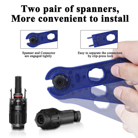 Two spanners from the Solar Panel Connector Kit With 42 Piece Set Including 10 Pairs Male And Female Connectors, 10 Pairs Connector Pins, And 2 Spanners For PV Cables 2.5mm2 To 6mm2, AWG 14 To 10, Easy Hookup For Off Grid Solar, demonstrating engagement and clip-press lock.