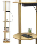62.5 Inch Round Modern Shelf Etagere Floor Lamp With USB Ports And Outlet Linen Shade In Soft Light Pink Finish Tall Storage Organizer For Living Room Bedroom Office featuring three shelves and close-up of USB port