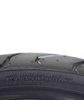 Close-up view of Pirelli Angel ST Front And Rear Sport Touring Motorcycle Tires showing tread and load specifications.