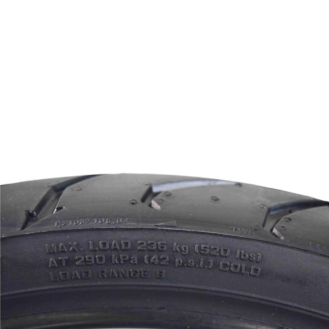 Close-up view of Pirelli Angel ST Front And Rear Sport Touring Motorcycle Tires showing tread and load specifications.