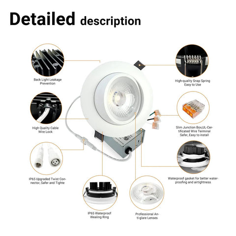 Detailed view of 4 Inch Gimbal LED Recessed Light with 360 Degree and 90 Degree Adjustable Directional Ceiling Fixture components
