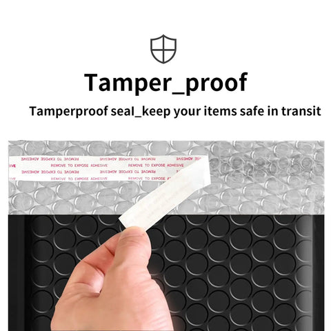 Close-up of self-seal strip on 8.5x11 Inch Bubble Mailers 9x12 Outer Size Heavy Duty Black Padded Self Seal Waterproof Shipping Envelopes For Ecommerce 50 Pack Non See Through Durable 140gsm Poly Mailers