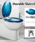 Elongated Blue ocean waves from underwater bubbles Toilet Seat with protective bumpers and stainless steel hinge.