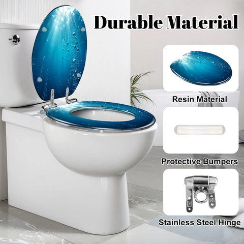 Elongated Blue ocean waves from underwater bubbles Toilet Seat with protective bumpers and stainless steel hinge.