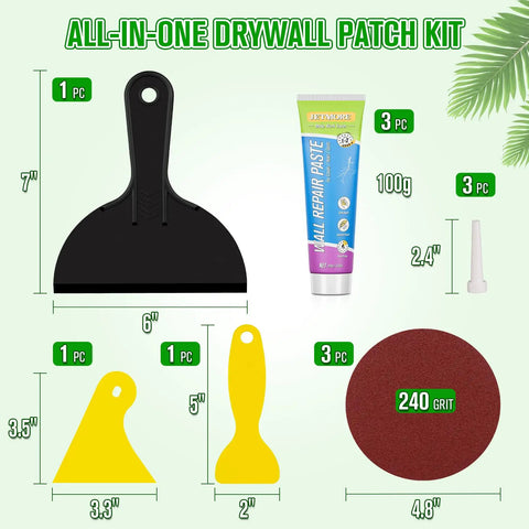 All-In-One Drywall Repair Kit 12-Piece Set with spackle paste, wall putty, putty knife, and sanding pads shown with dimensions.